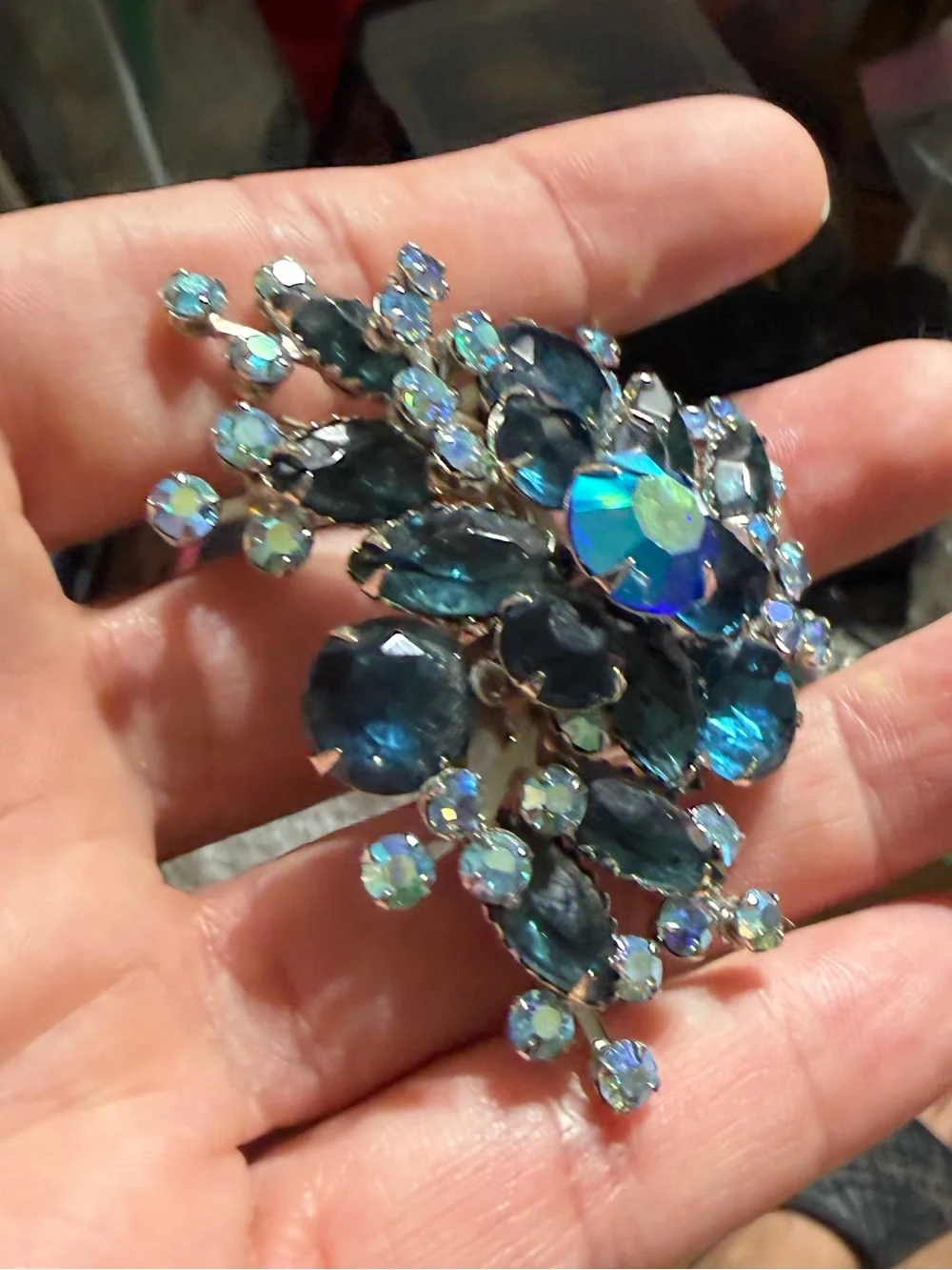 Vintage Silver Tone Flower Blue Navette Aurora Borealis Rhinestone 1930s Brooch